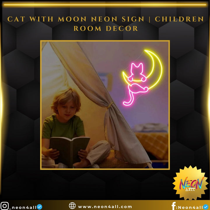 Cat with Moon Neon Sign | Children Room Decor