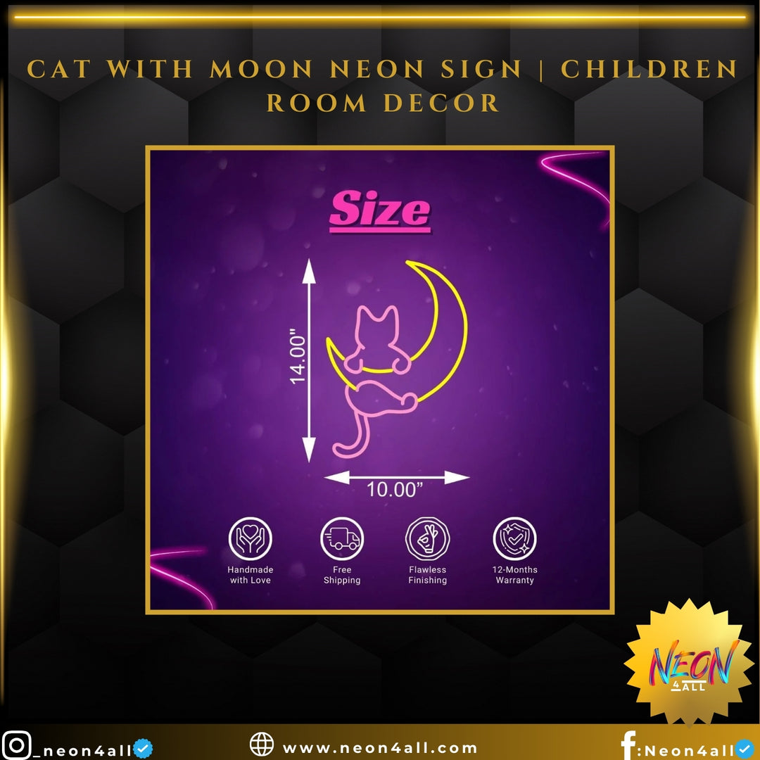 Cat with Moon Neon Sign | Children Room Decor