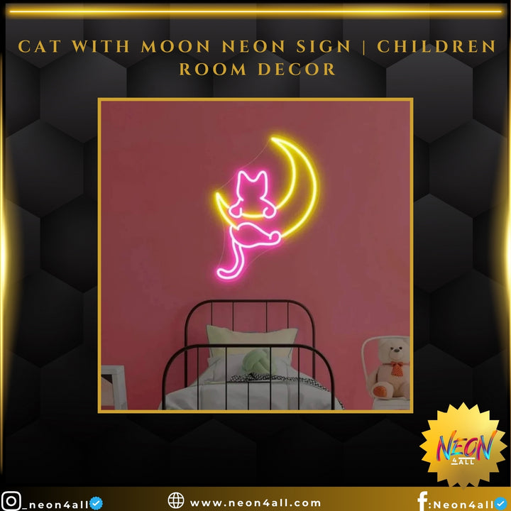 Cat with Moon Neon Sign | Children Room Decor